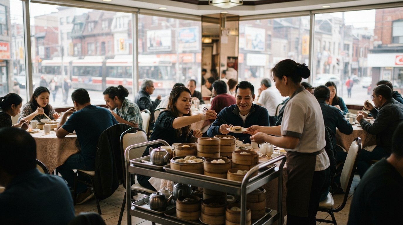 a trolley-cart dim sum service at Dim Sum King above Spadina and Dundas, stainless steel carts, stacked bamboo baskets and diners reaching for plates mid-morning
