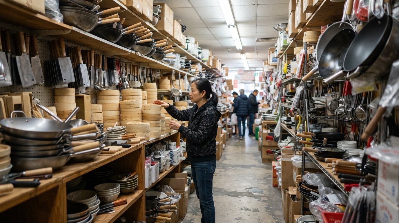 Tap Phong Trading’s crowded kitchenware aisles, stacked woks, bamboo steamers and cleavers under fluorescent light