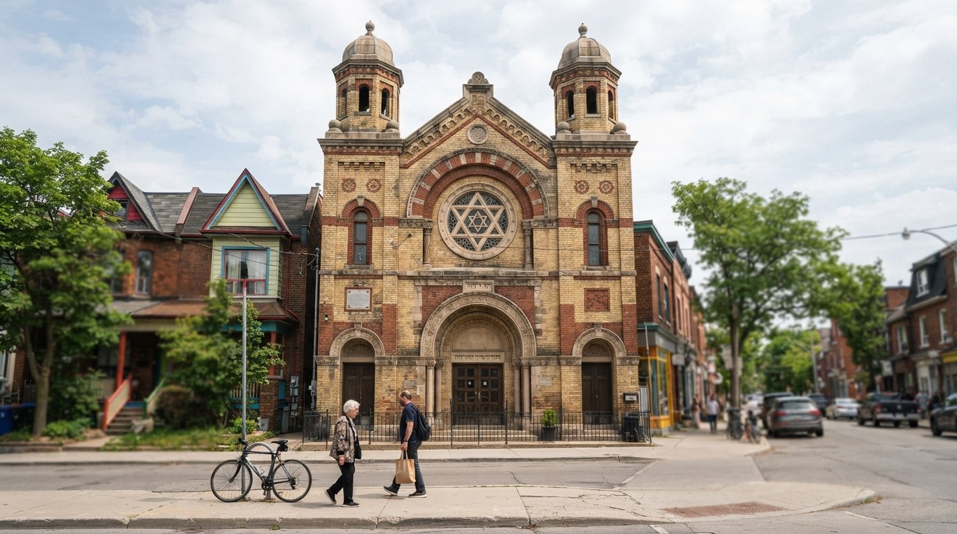 the Kiever Synagogue on Bellevue Avenue, a historic 1920s synagogue facade framed by Kensington’s low-rise streets in daylight