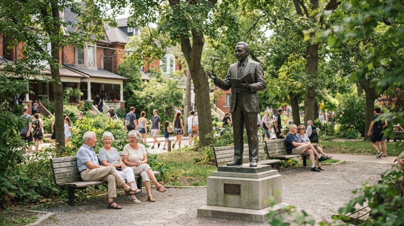 Bellevue Square Park off Augusta with the Al Waxman statue, people sitting on benches and chatting in summer light
