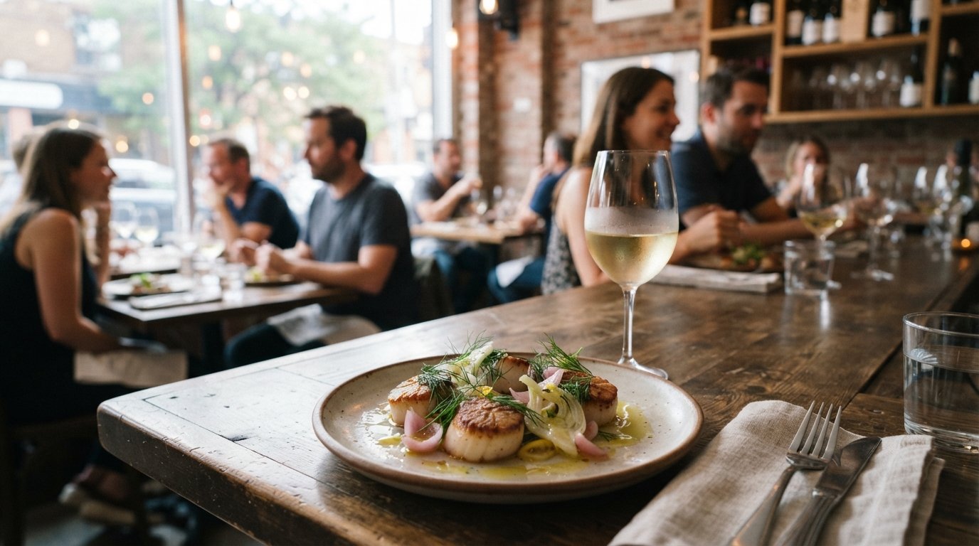 a seafood-forward small plate at Grey Gardens on Augusta, elegant wine-bar plating with a glass of wine beside it