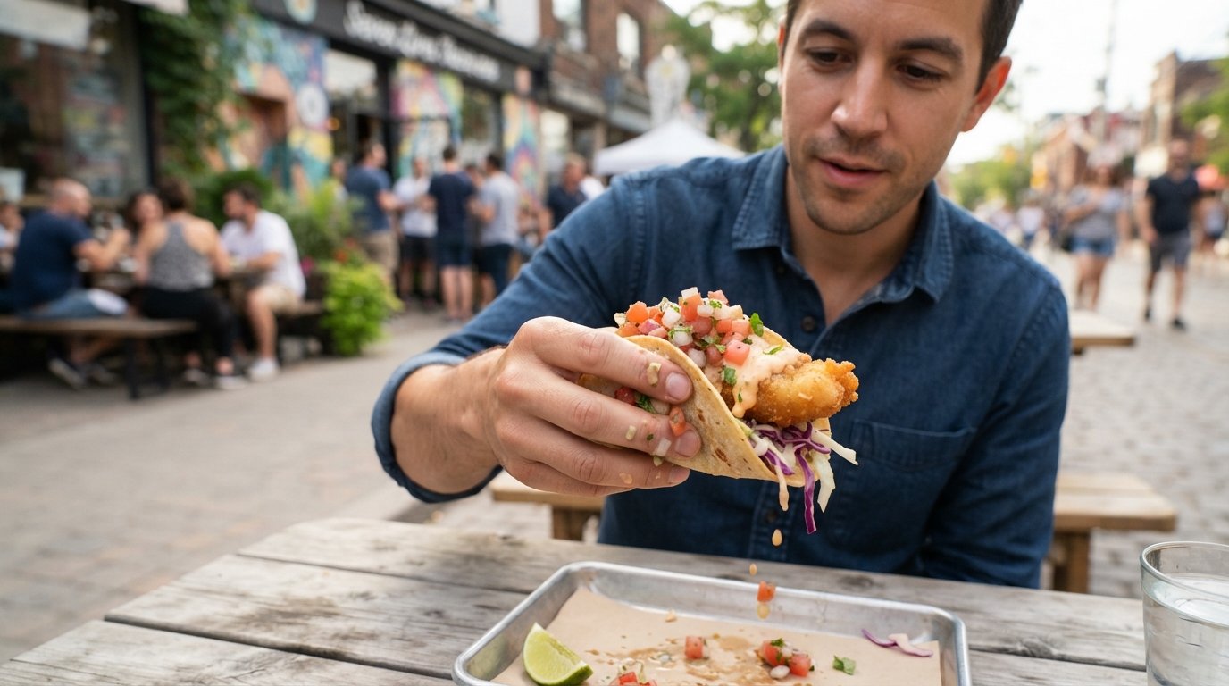 a crispy mahi-mahi fish taco from Seven Lives Tacos y Mariscos on Kensington Avenue, bright salsa and cabbage in close-up