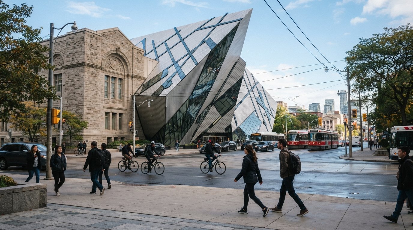 the Royal Ontario Museum’s Libeskind crystal addition jutting over Bloor at Queen’s Park, seen from street level in daylight
