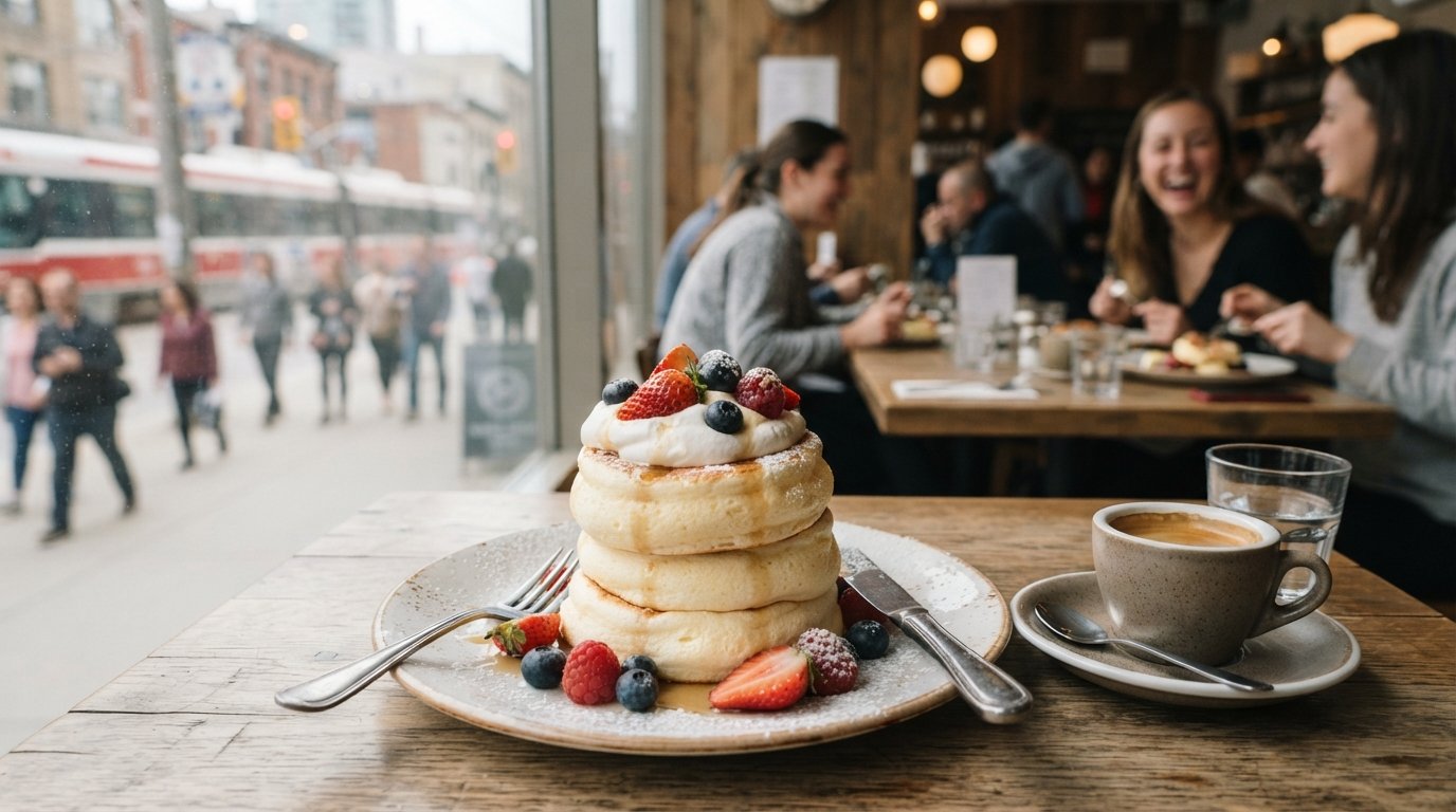 a stack of jiggly Japanese soufflé pancakes at Fuwa Fuwa on Bloor, softly lit beside a cup of espresso
