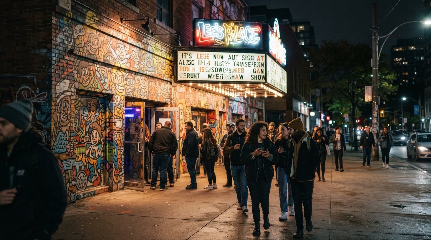 Lee’s Palace on Bloor at night, its cartoon graffiti facade by Al Runt glowing under streetlights with concertgoers outside