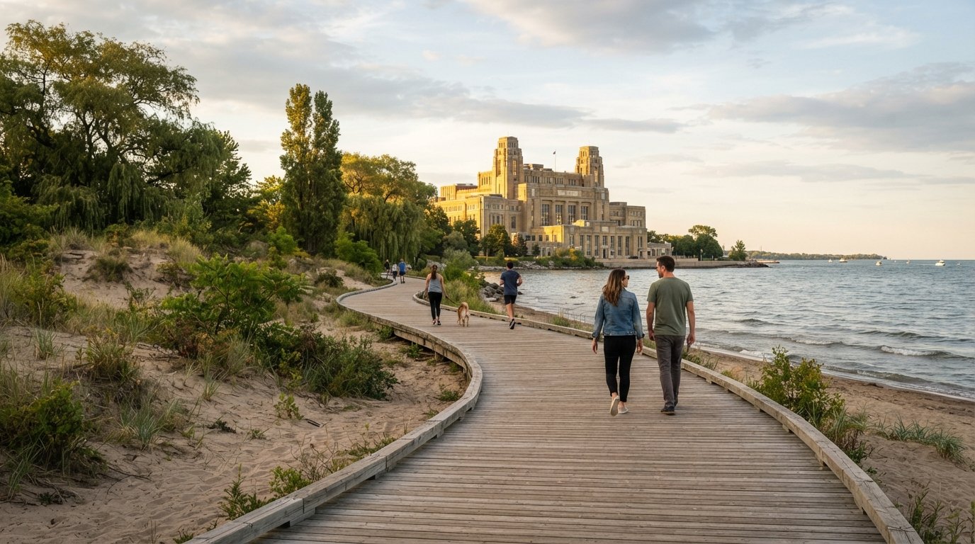 the Beaches boardwalk curving along Lake Ontario at late afternoon, wooden planks, sand dunes and the R.C. Harris Water Treatment Plant glowing at the eastern end