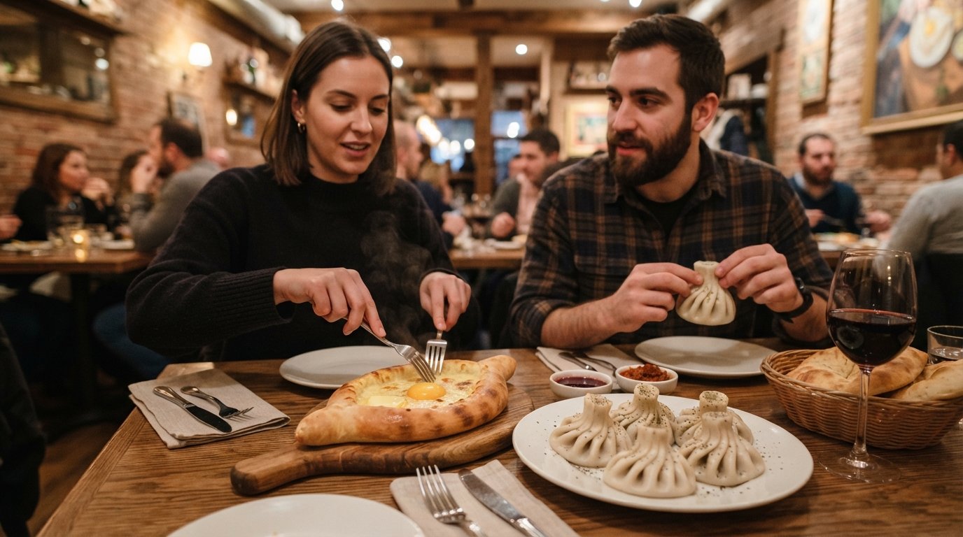 a table at Tiflisi on Queen Street East with cheese-boat khachapuri and hand-pleated khinkali, warm dining room light and shared plates in close-up