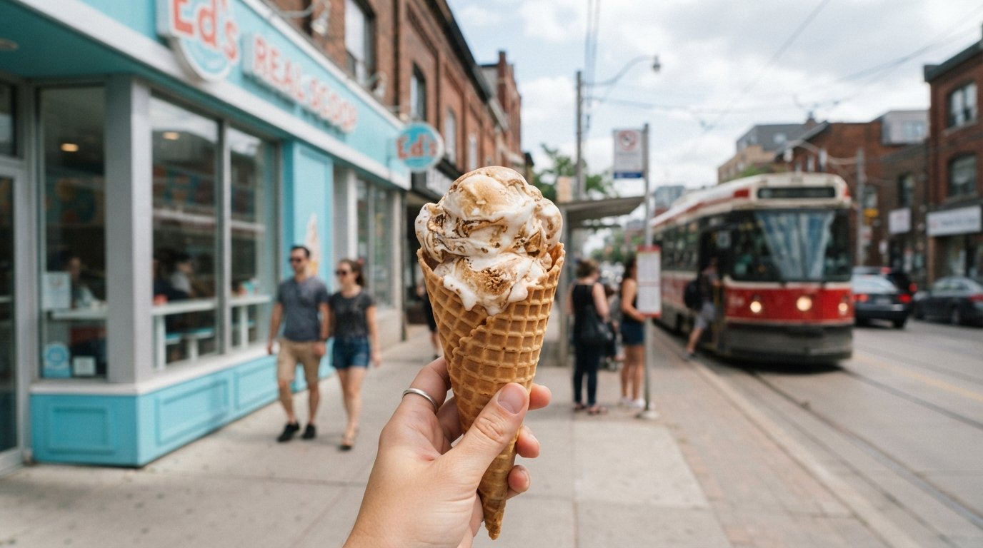a summer cone from Ed’s Real Scoop on Queen Street East, burnt-marshmallow ice cream in a waffle cone with the streetcar stop and bright storefront behind