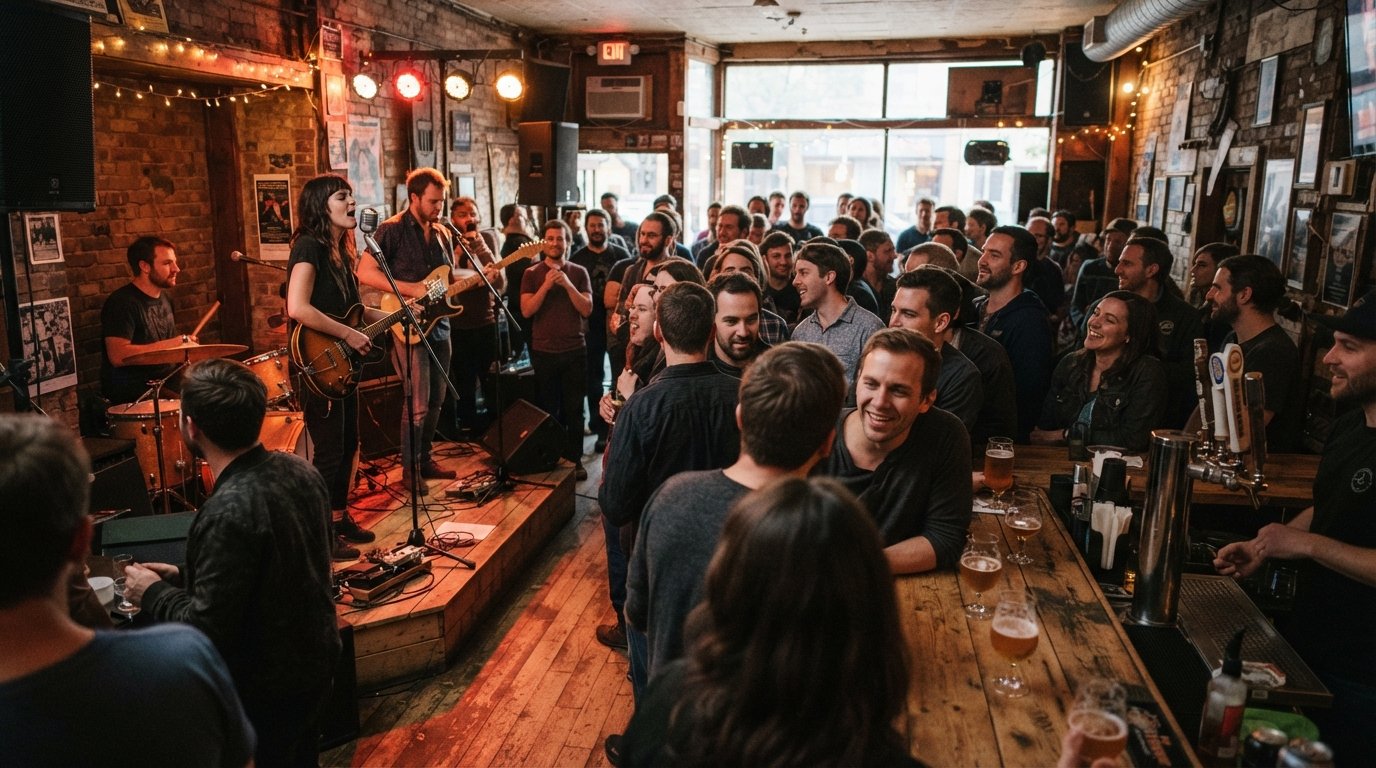the interior of Castro’s Lounge during a local band set, craft beer on the bar, small stage lights and an intimate crowd on Queen Street East