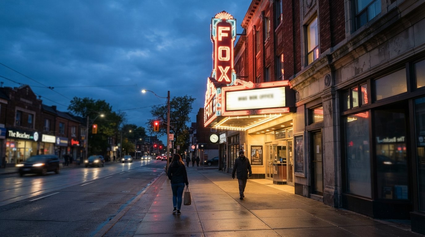 the Fox Theatre marquee on Queen Street East at dusk, single-screen cinema frontage glowing above a quiet sidewalk