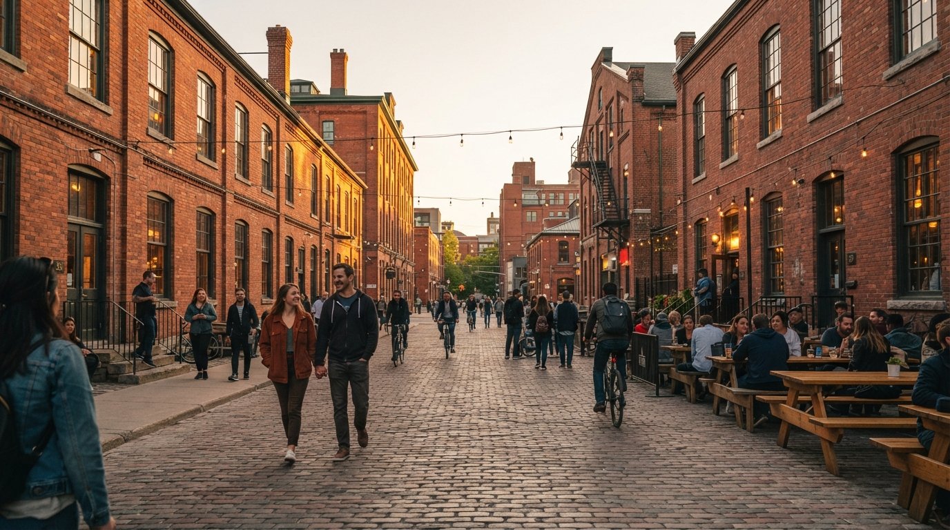 red-brick Victorian warehouse facades along Trinity Street in the Distillery District at late afternoon, cobblestones and heritage windows glowing in soft light