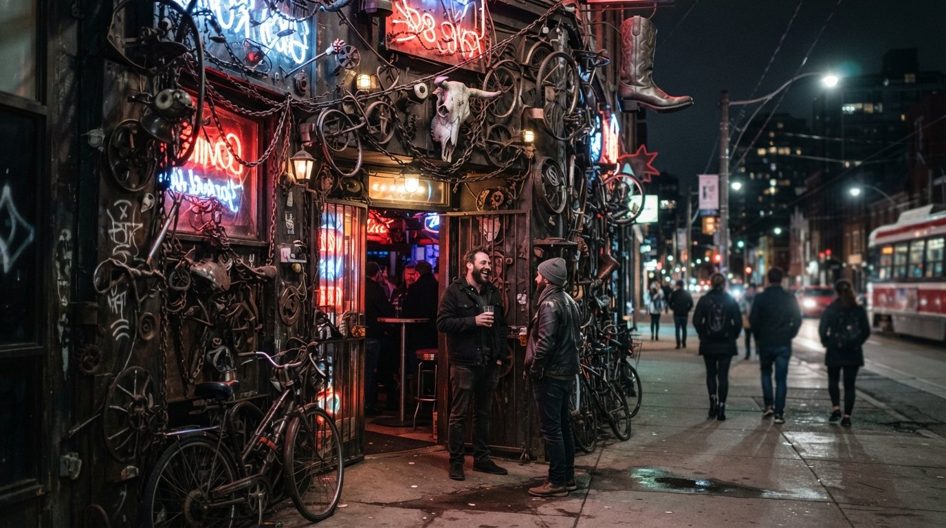 fachada do Bovine Sex Club na Queen Street West, um antro de rock and metal com detalhes de peças de bicicleta e brilho noturno de neon