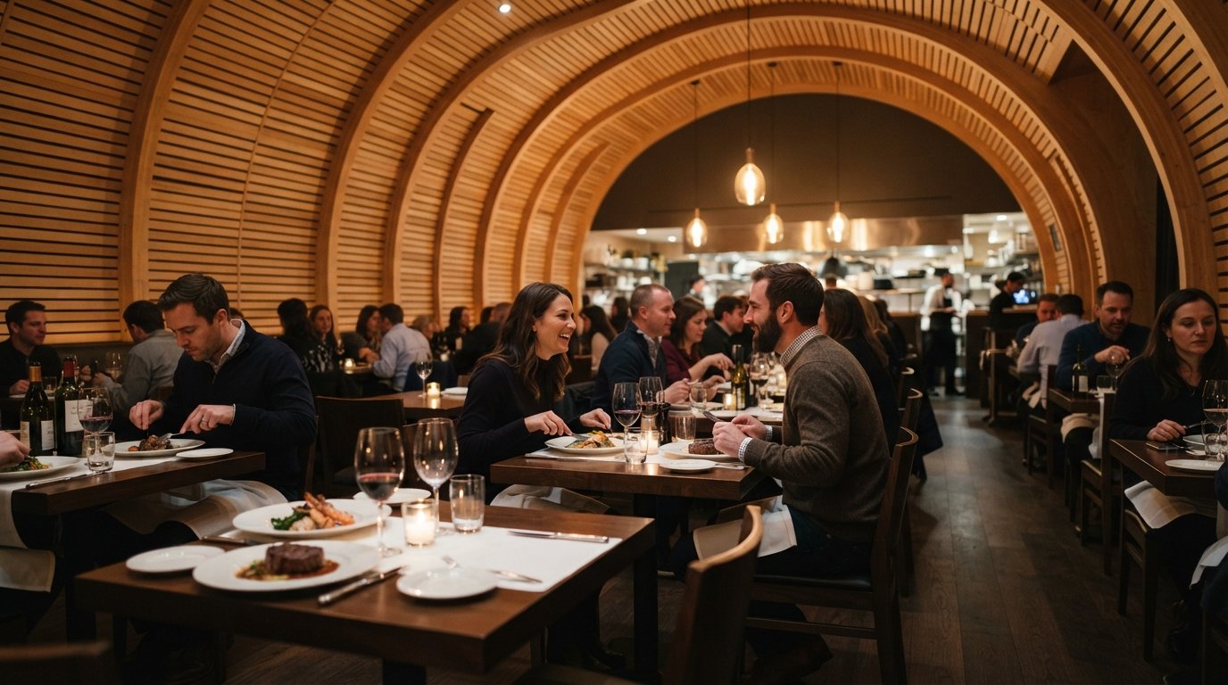 sala de jantar revestida de maple no Prime Seafood Palace na Queen West, com teto abobadado e brilho acolhedor de steakhouse