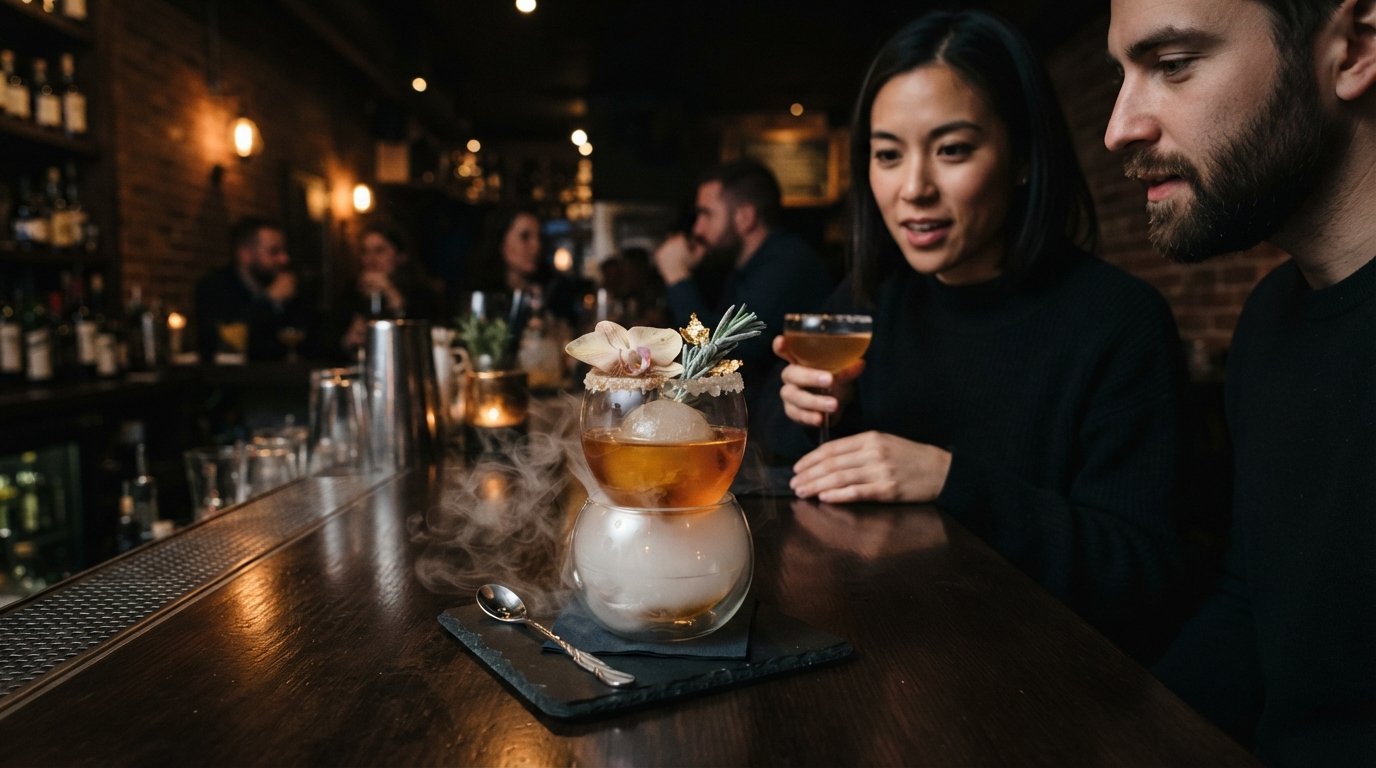 um coquetel modernista elaborado no BarChef na Queen West, com guarnição teatral e luz baixa e misteriosa