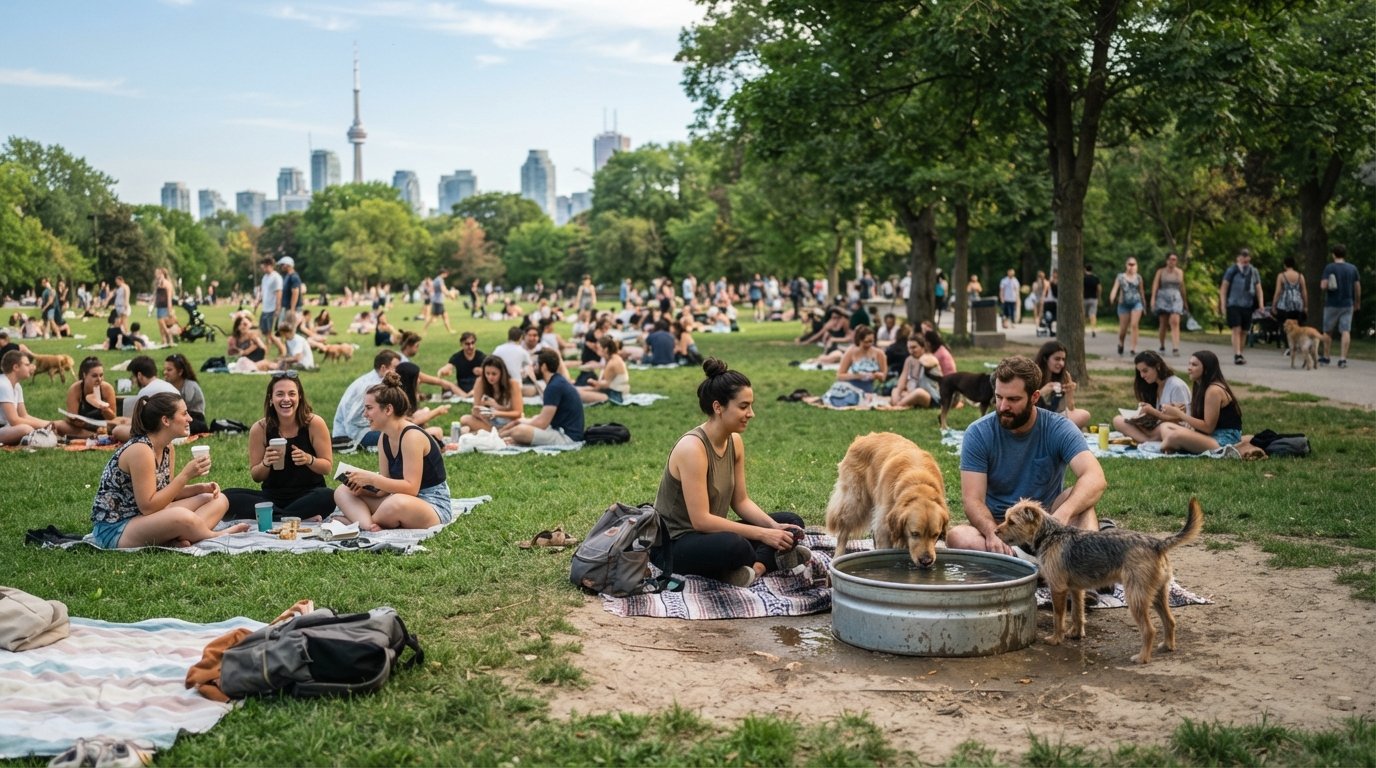 Trinity Bellwoods Park em uma tarde quente, mantas de piquenique e pessoas relaxando na grama perto da tigela de cachorro