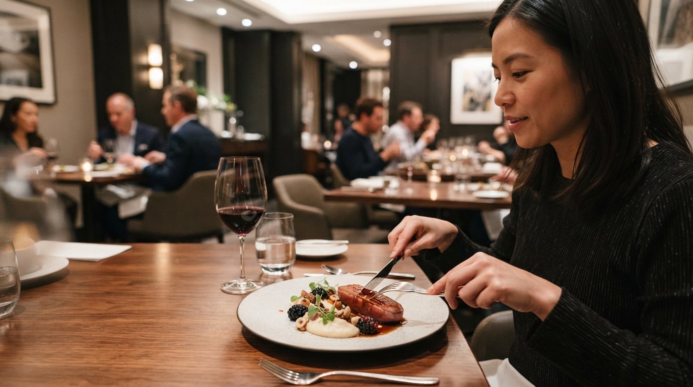 the refined dining room at Enigma Yorkville on St. Thomas Street, a Michelin-star tasting menu course plated with fine-dining precision under soft lighting